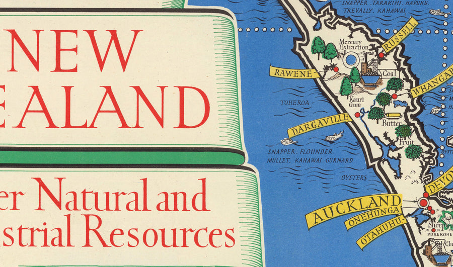 Ancienne Carte de Nouvelle-Zélande, 1943 par Max Gill - Colonial British Empire World Warema Carte