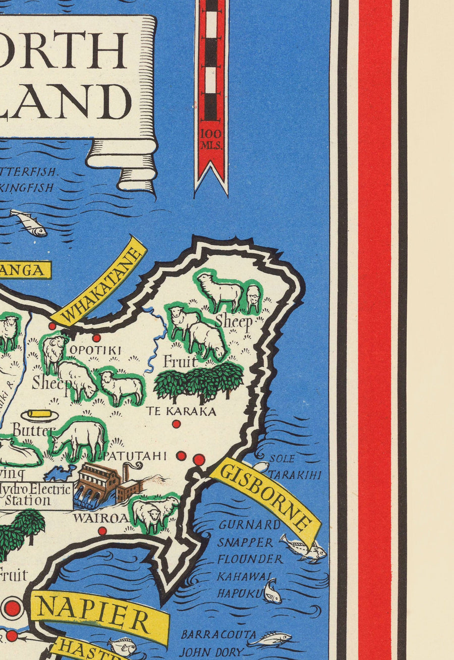 Ancienne Carte de Nouvelle-Zélande, 1943 par Max Gill - Colonial British Empire World Warema Carte