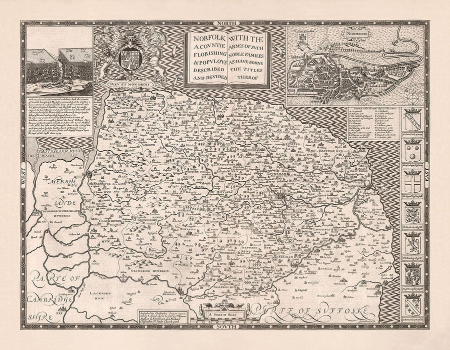 Alte Karte von Norfolk, 1611 von John Speed - Norwich, Great Yarmouth, King&