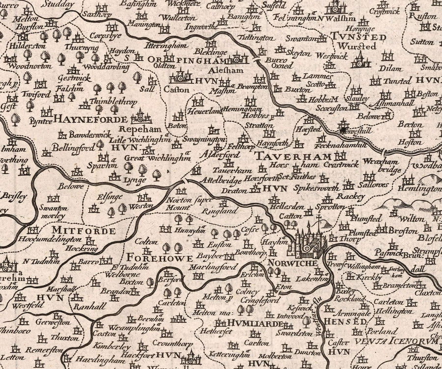 Alte Karte von Norfolk, 1611 von John Speed - Norwich, Great Yarmouth, King&