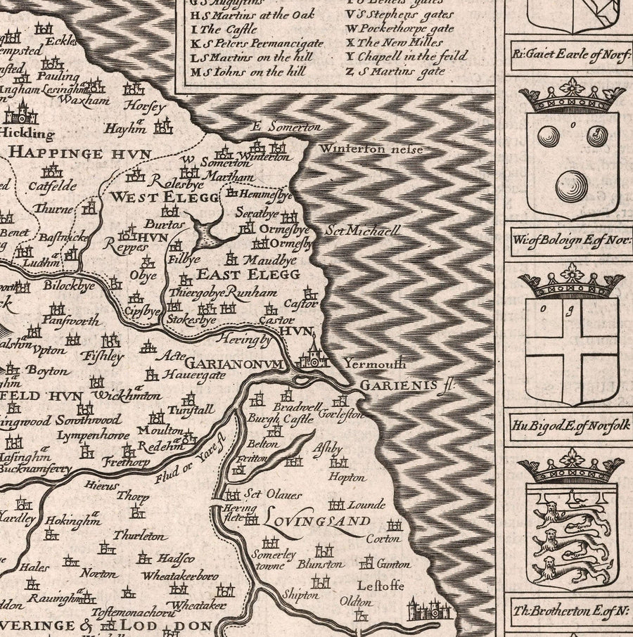 Alte Karte von Norfolk, 1611 von John Speed - Norwich, Great Yarmouth, King&