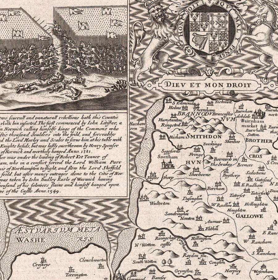 Alte Karte von Norfolk, 1611 von John Speed - Norwich, Great Yarmouth, King&