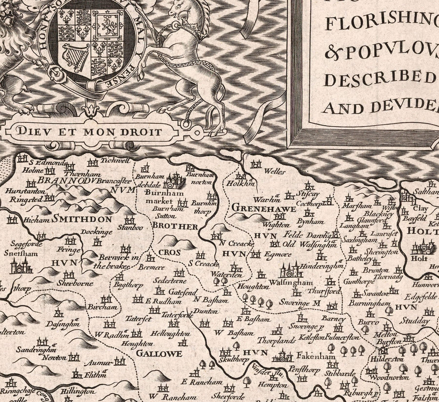 Alte Karte von Norfolk, 1611 von John Speed - Norwich, Great Yarmouth, King&