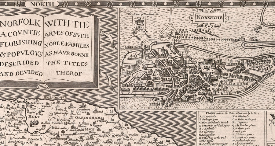 Alte Karte von Norfolk, 1611 von John Speed - Norwich, Great Yarmouth, King&