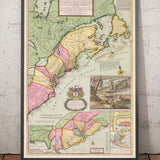 Mapa antiguo de North America 1715 por Herman Moll - Nueva Inglaterra, Nueva Escocia, Nueva York, Carolina, Francés y Trece Colonias británicas