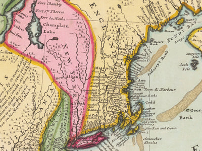 Alte Karte von Nordamerika 1715 von Herman Moll - New England, New Scotland, New York, Carolina, Französisch & dreizehn britische Kolonien
