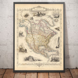 Antiguo mapa de América del Norte, 1851 por Tallis & Rapkin - Ilustrado Estados Unidos, Canadá, México, esquimales, castores, nativos