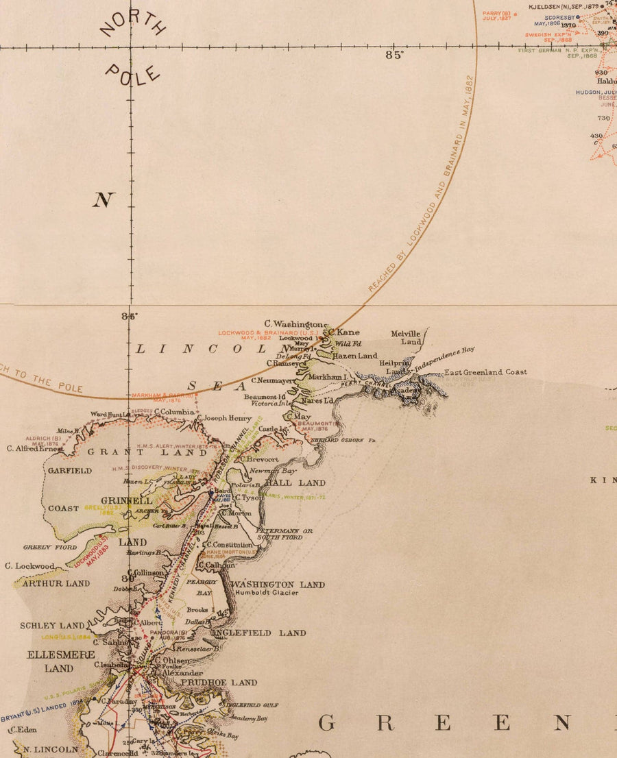 Mapa de exploración del Viejo Polo Norte, 1896 por la Marina de los EE. UU. - Svalbard, Islandia, Groenlandia, exploradores del Círculo Ártico 