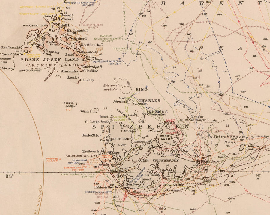 Mapa de exploración del Viejo Polo Norte, 1896 por la Marina de los EE. UU. - Svalbard, Islandia, Groenlandia, exploradores del Círculo Ártico 