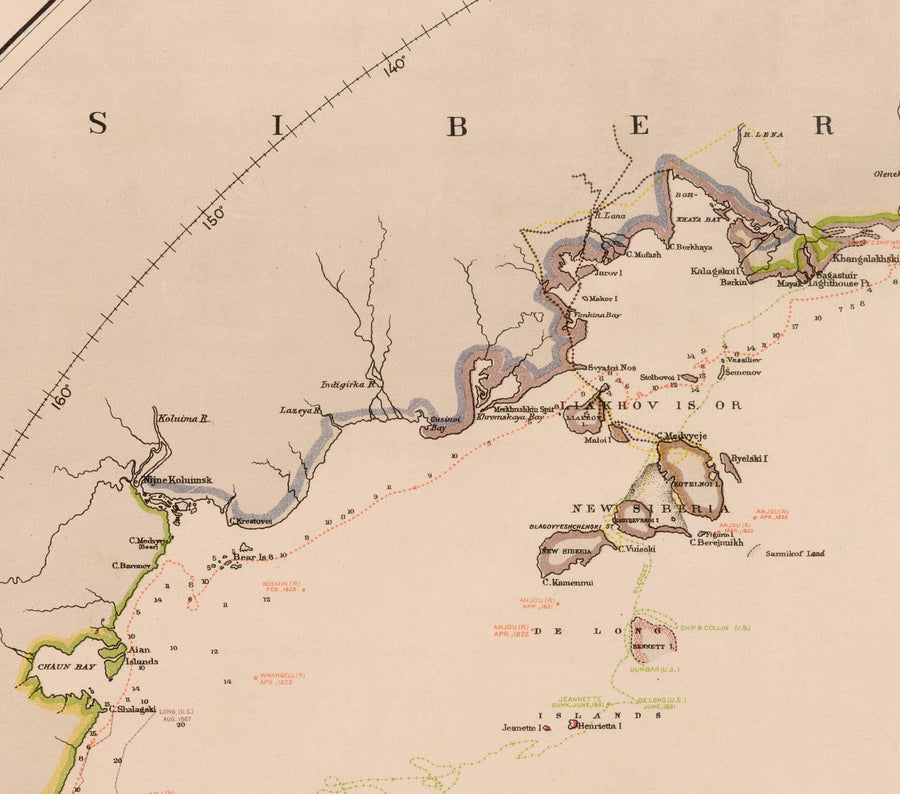 Mapa de exploración del Viejo Polo Norte, 1896 por la Marina de los EE. UU. - Svalbard, Islandia, Groenlandia, exploradores del Círculo Ártico 