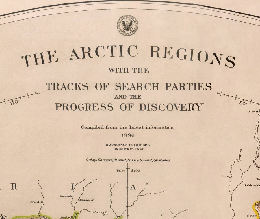 Mapa de exploración del Viejo Polo Norte, 1896 por la Marina de los EE. UU. - Svalbard, Islandia, Groenlandia, exploradores del Círculo Ártico 