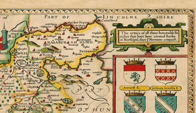 Alte Karte von Northamptonshire, 1611 von John Speed ​​- Northampton, Kettering, Peterborough