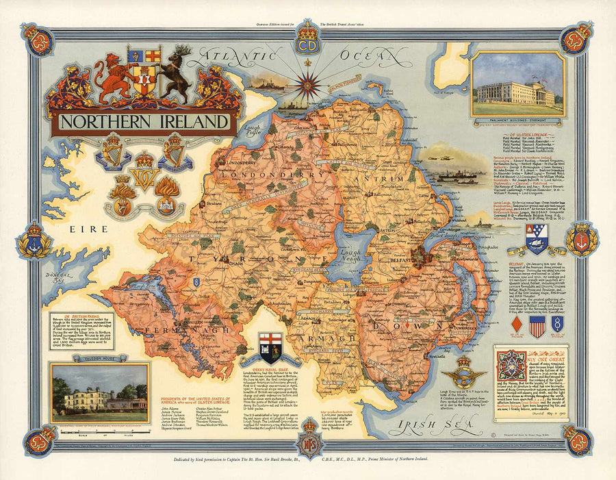 Alte Karte von Nordirland, Ulster von Ernest Clegg, 1947 - Eire, Antrim, Belfast, Londonderry, Lough Neagh, Down 
