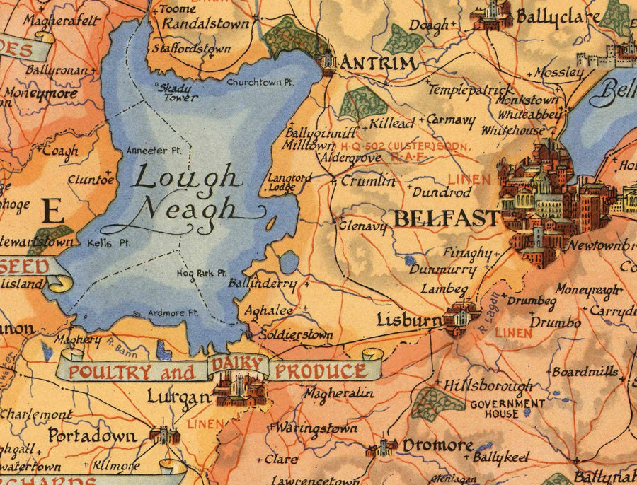 Alte Karte von Nordirland, Ulster von Ernest Clegg, 1947 - Eire, Antrim, Belfast, Londonderry, Lough Neagh, Down 