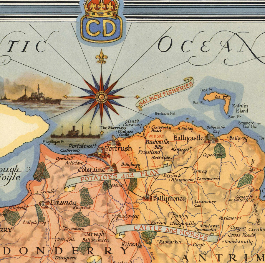 Alte Karte von Nordirland, Ulster von Ernest Clegg, 1947 - Eire, Antrim, Belfast, Londonderry, Lough Neagh, Down 