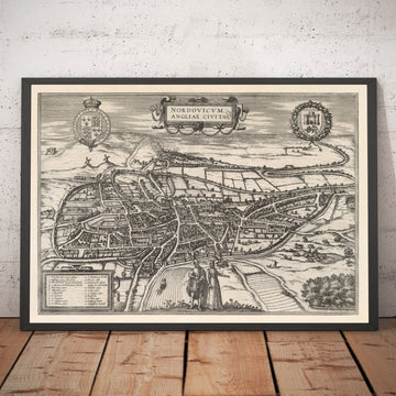 Antiguo Mapa de Norwich, East Anglia 1581 por Georg Braun, Civitates Orbis Terrarum - Castillo, Murallas de la ciudad