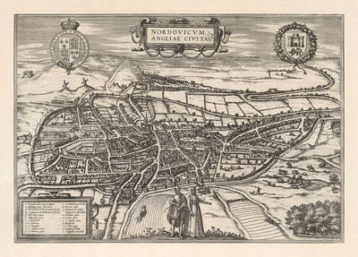 Antiguo Mapa de Norwich, East Anglia 1581 por Georg Braun, Civitates Orbis Terrarum - Castillo, Murallas de la ciudad
