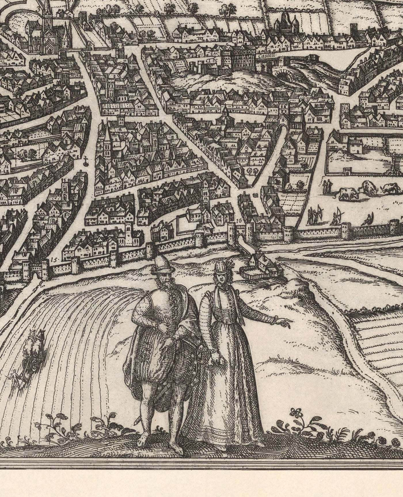 Antiguo Mapa de Norwich, East Anglia 1581 por Georg Braun, Civitates Orbis Terrarum - Castillo, Murallas de la ciudad