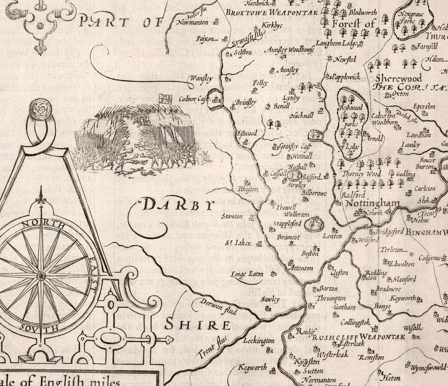 Alte Karte von Nottinghamshire, 1611 von John Speed - Nottingham, Mansfield, Newark, Worksop, Sherwood Forest 