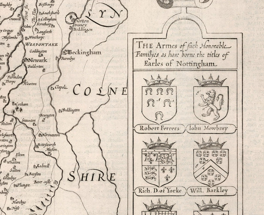 Alte Karte von Nottinghamshire, 1611 von John Speed - Nottingham, Mansfield, Newark, Worksop, Sherwood Forest 