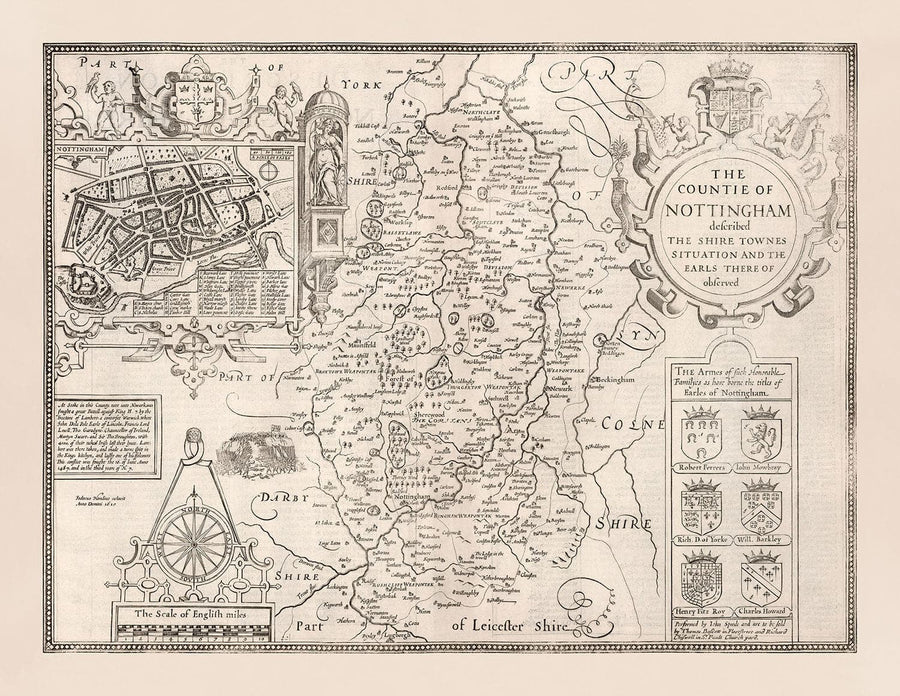 Alte Karte von Nottinghamshire, 1611 von John Speed - Nottingham, Mansfield, Newark, Worksop, Sherwood Forest 