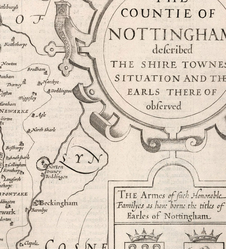 Alte Karte von Nottinghamshire, 1611 von John Speed - Nottingham, Mansfield, Newark, Worksop, Sherwood Forest 