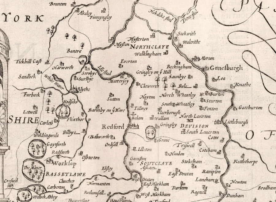 Alte Karte von Nottinghamshire, 1611 von John Speed - Nottingham, Mansfield, Newark, Worksop, Sherwood Forest 