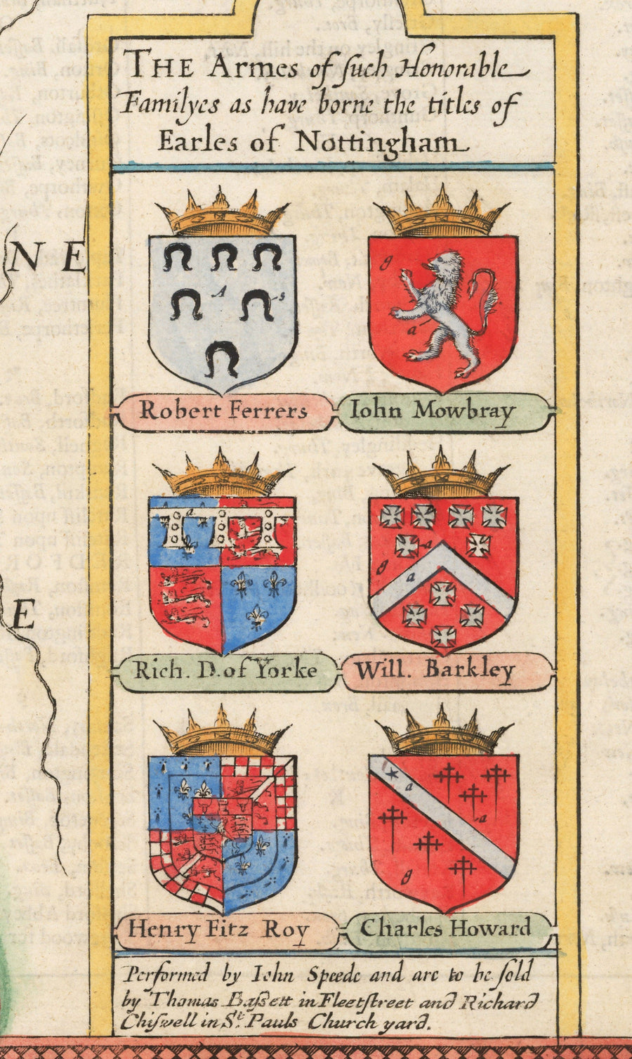 Ancienne carte de Nottinghamshire, 1611 par John Speed ​​- Nottingham, Mansfield, Newark, Worksop