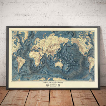 Mappa rara e antica del fondale oceanico e del rilievo terrestre della Marina degli Stati Uniti nel 1976 - Europa, Africa, Americhe, Antartide, Australia 