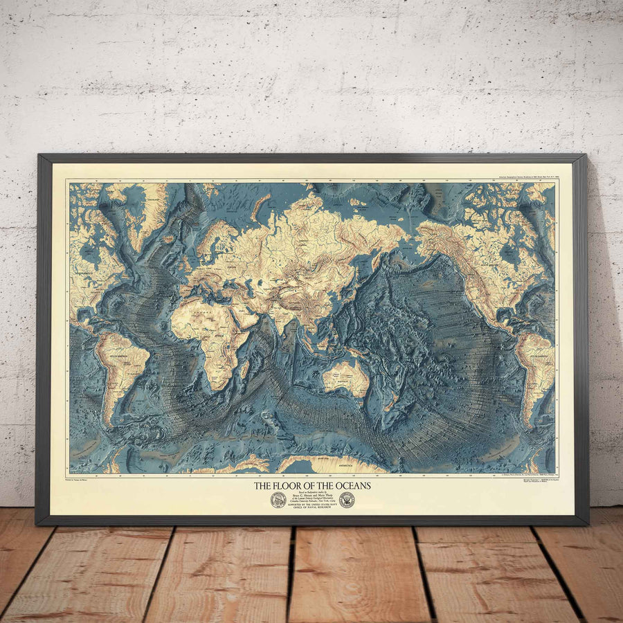 Seltene alte Karte des Meeresbodens und des Landreliefs der US Navy von 1976 - Europa, Afrika, Amerika, Antarktis, Australien 