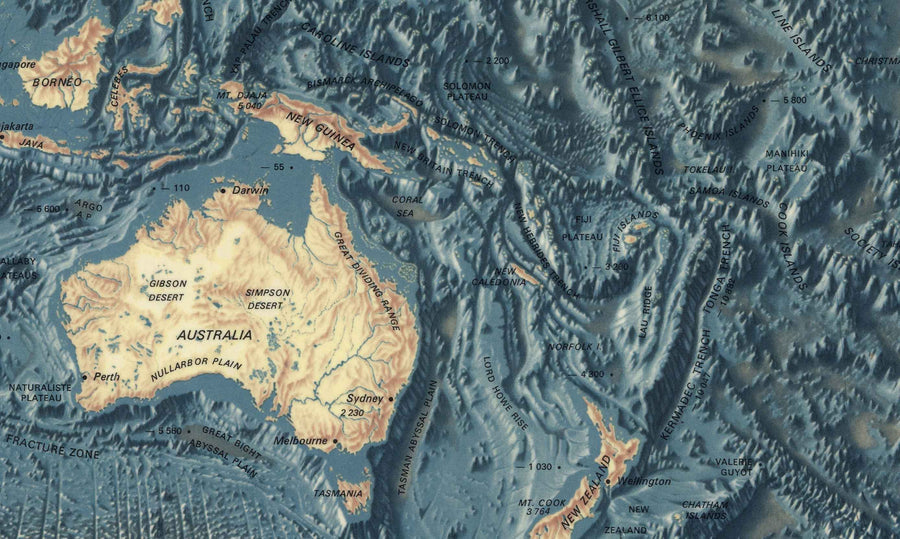 Seltene alte Karte des Meeresbodens und des Landreliefs der US Navy von 1976 - Europa, Afrika, Amerika, Antarktis, Australien 