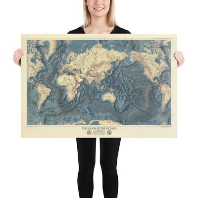 Seltene alte Karte des Meeresbodens und des Landreliefs der US Navy von 1976 - Europa, Afrika, Amerika, Antarktis, Australien 