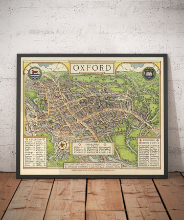 Mappa pittorica di Old Oxford di Spencer Hoffman, 1929 - Università e Collegio 