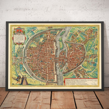 Ancienne carte de Paris, 1572 par Braun - Notre Dame, Sainte Chapelle, Bastille, Seine, Cathédrale, Murs de la ville