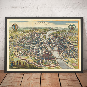 Mapa antiguo de París, 1655 de Caspar Merian - Ile Saint Louis y de la Cite, Pont Neuf, Seine, Notre Dame