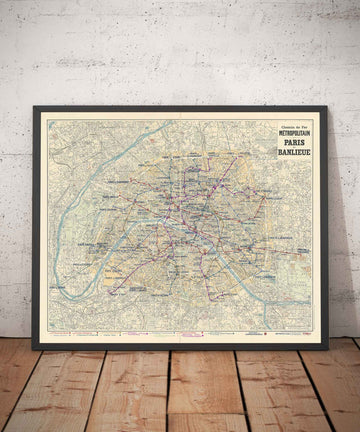 Alte Karte der Pariser Métro-U-Bahn und Sehenswürdigkeiten, 1934 von Gaillac-Monrocq - 13 Linien, Arc de Triomphe, Touristenkarte der Stadt des 20. Jahrhunderts 