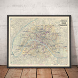 Antiguo mapa del metro de París y sus puntos de referencia, 1934 por Gaillac-Monrocq - 13 líneas, Arco del Triunfo, mapa turístico de la ciudad del siglo XX