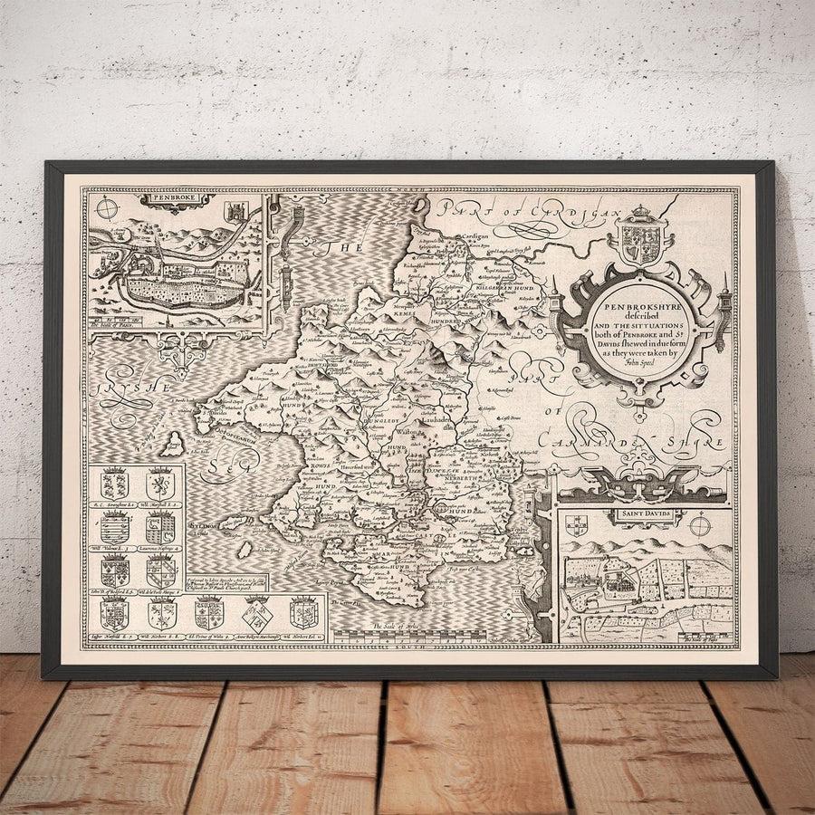 Vieille carte monochrome de Pembrokeshire, Pays de Galles 1611 John Vitesse - Haverfordwest, St Davids, Garde de poisson, Sud-Ouest