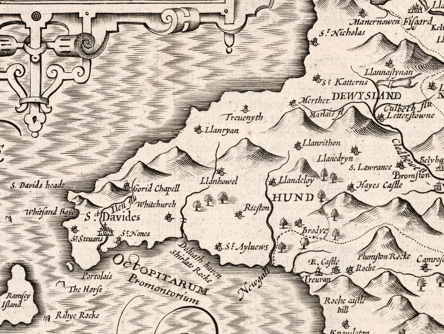 Vieille carte monochrome de Pembrokeshire, Pays de Galles 1611 John Vitesse - Haverfordwest, St Davids, Garde de poisson, Sud-Ouest