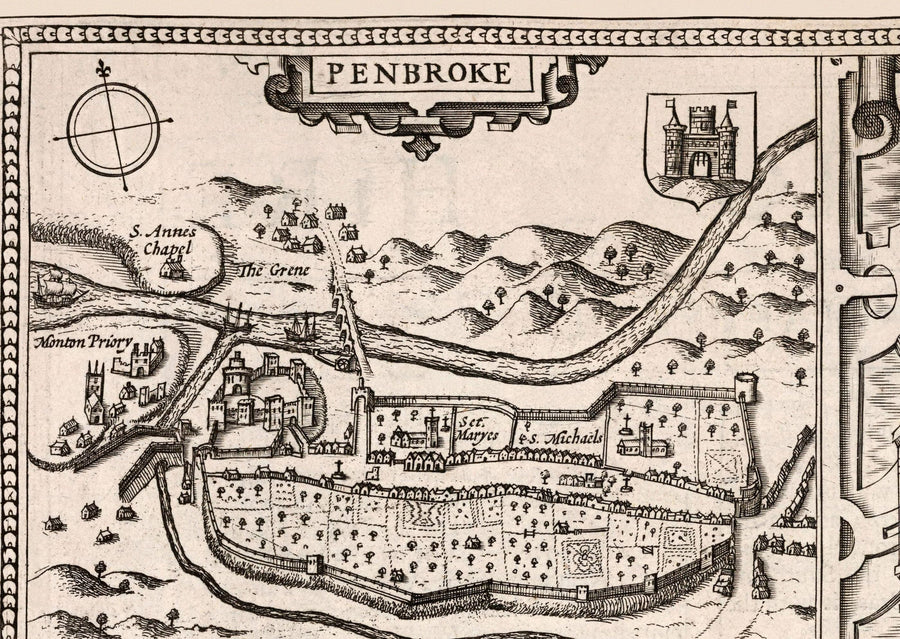 Vieille carte monochrome de Pembrokeshire, Pays de Galles 1611 John Vitesse - Haverfordwest, St Davids, Garde de poisson, Sud-Ouest