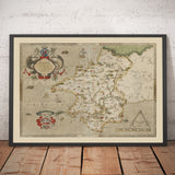 Ancienne carte du Pembrokeshire, Pays de Galles en 1578 par Christopher Saxton - Pembroke, Newport, Cardigan, Fishguard, Haverfordwest