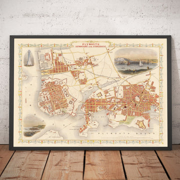 Vecchia mappa colorata a mano di Plymouth nel 1851 di Tallis, Rapkin - Stonehouse, Devonport 