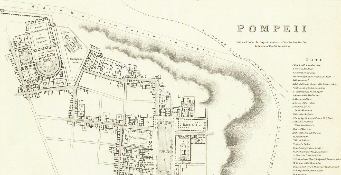 Ancienne carte de Pompéi en 1832 par SDUK - Mont Vésuve, Maison de Pansa, Forum, Teatro Grande, Maison des Vettii, Maison du Faune