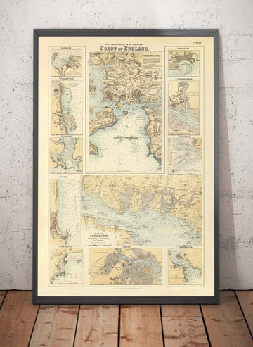 Alte Karte der Häfen und Hafenanlagen im Südosten Englands, 1872 von Fullarton - Margate, Dover, Falmouth, Folkestone, Portsmouth 