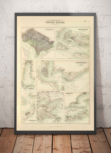 Mappa Antica dei Porti e dei Porti nel Sud degli USA, 1872 di Fullarton - Pensacola, New Orleans, Galveston, Key West, Charleston 