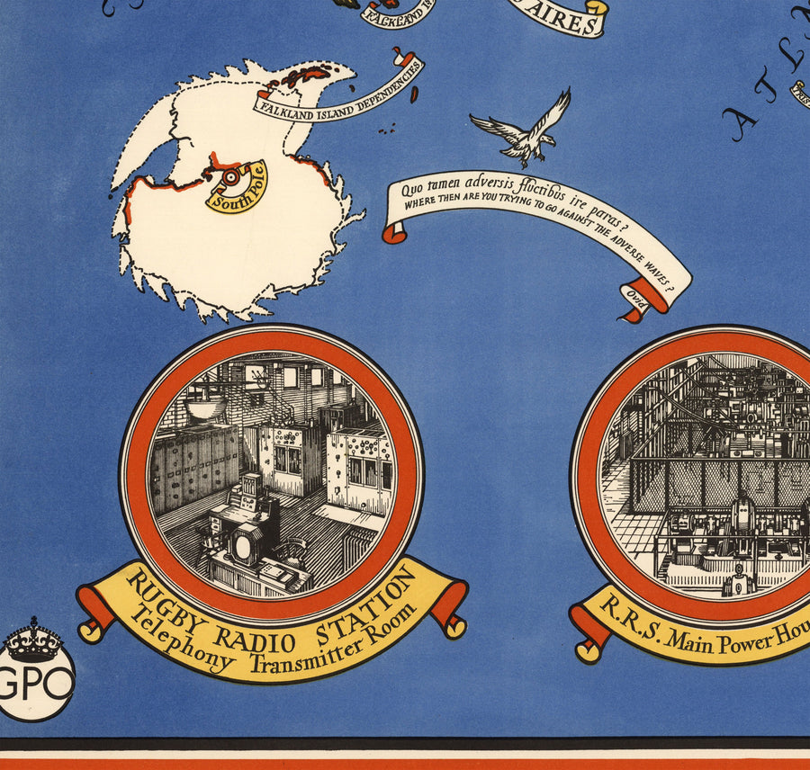 Poste Office Radio Téléphone Carte du monde, 1935 par Max Gill - Tableau mural du réseau sans fil British Empire