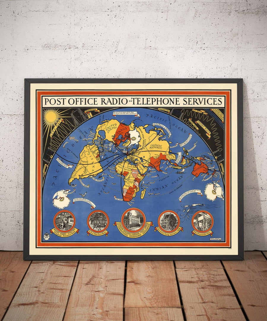 Poste Office Radio Téléphone Carte du monde, 1935 par Max Gill - Tableau mural du réseau sans fil British Empire