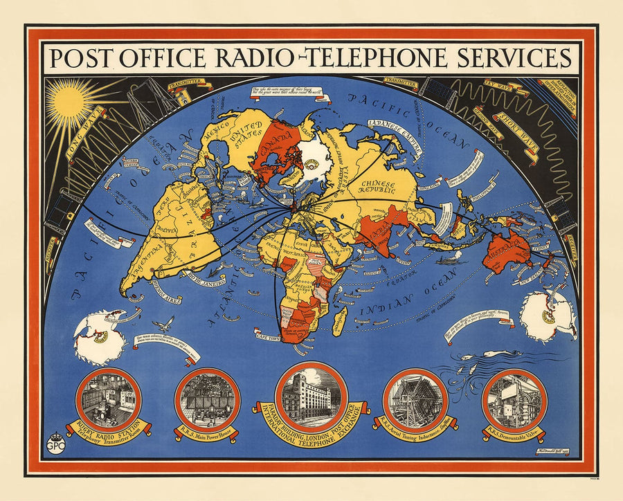 Poste Office Radio Téléphone Carte du monde, 1935 par Max Gill - Tableau mural du réseau sans fil British Empire