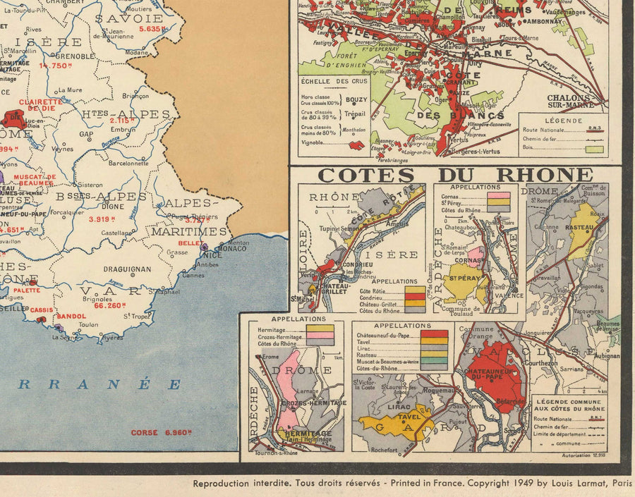 Alte Karte der Weinbaugebiete in Frankreich "La France Vinicole", 1939 - Bordeaux, Bourgogne, Champagne, Côtes Du Rhône, Bergeracois 