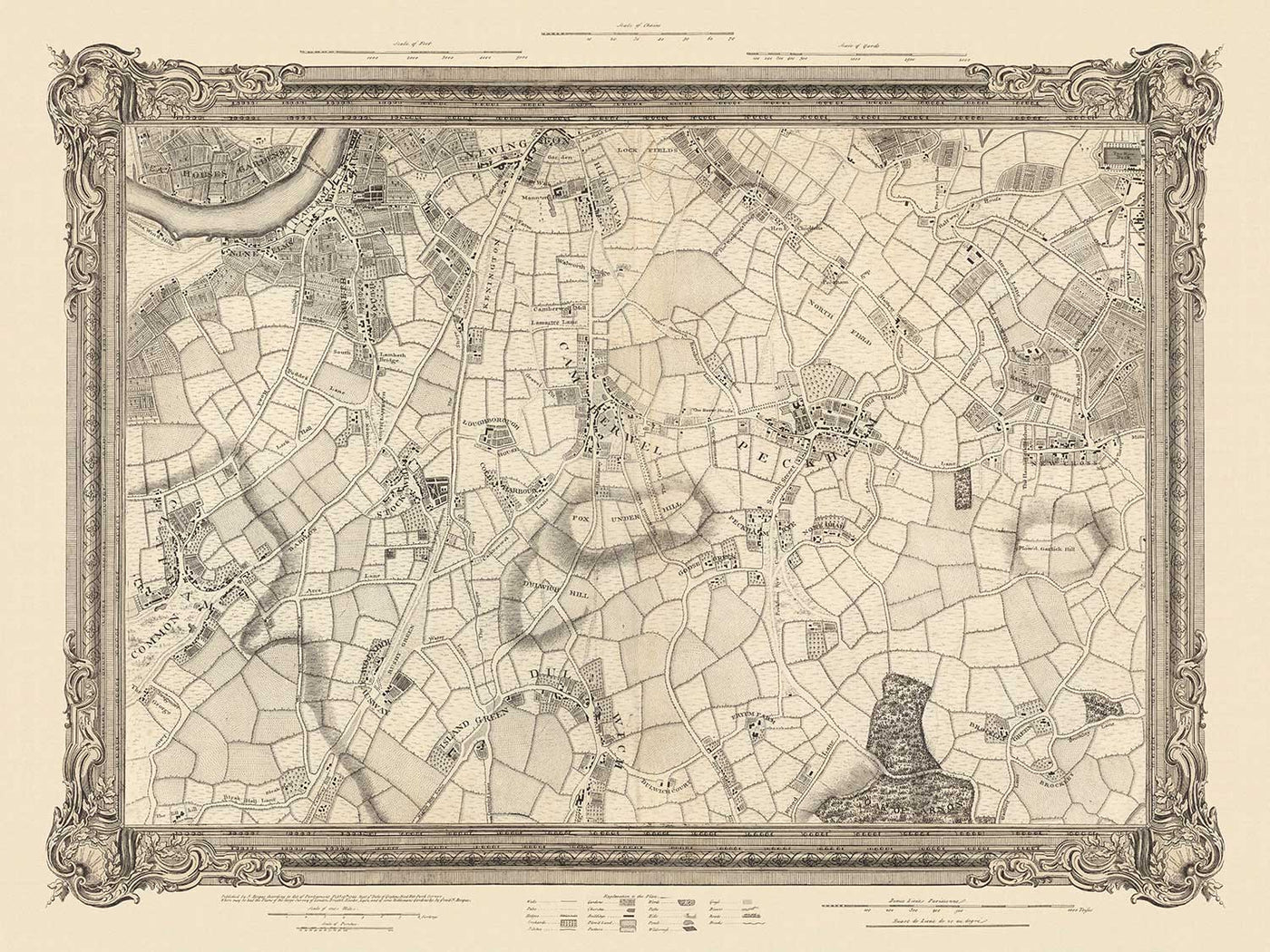 Antiguo mapa del sur de Londres en 1746 por John Rocque - Peckham, Camberwell, Vauxhall, Dulwich, Lambeth, SW2, SW4, SW8, SW9, SE5, SE15, SE22, SE24